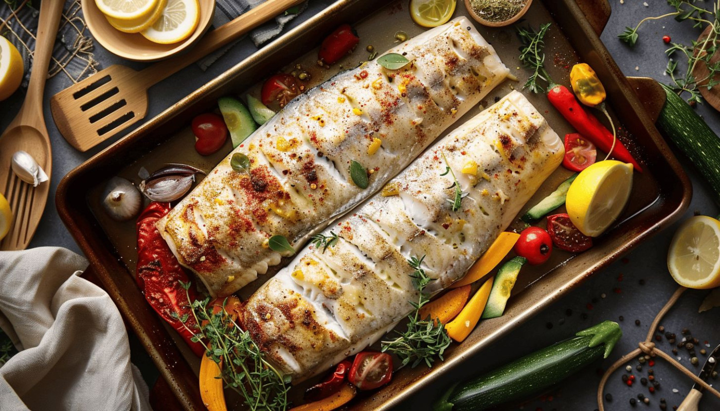 Préparation savoureuse d'une recette de poisson au four accompagné de légumes